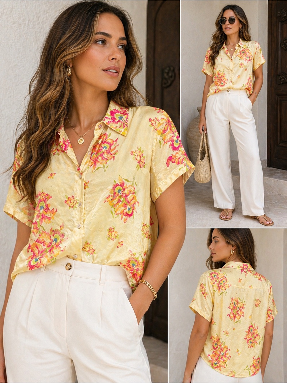 Liz Claiborne 100% Silk Floral Button Front Blouse Yellow Tropical XL